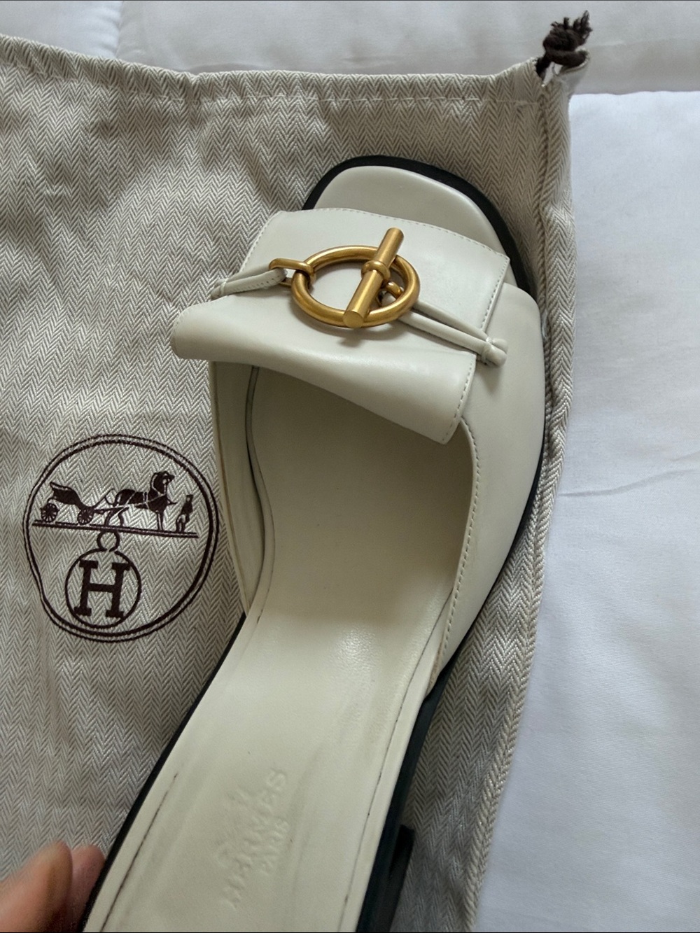 Hermes Ivory Leather Slide Mules with Gold Ring Accent - Picture 5 of 8